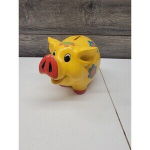Piggy Bank Pottery Ceramic Yellow  ,  Flowers